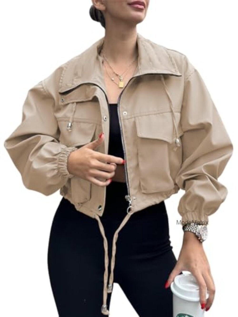 Women's Cropped Utility Anorak Jacket Zip Up Oversized Lightweight Polyester
